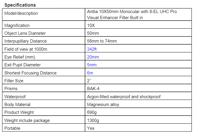 Antlia 10X50mm Monocular with 8-EL UHC Pro Visual Enhancer Filter Built in